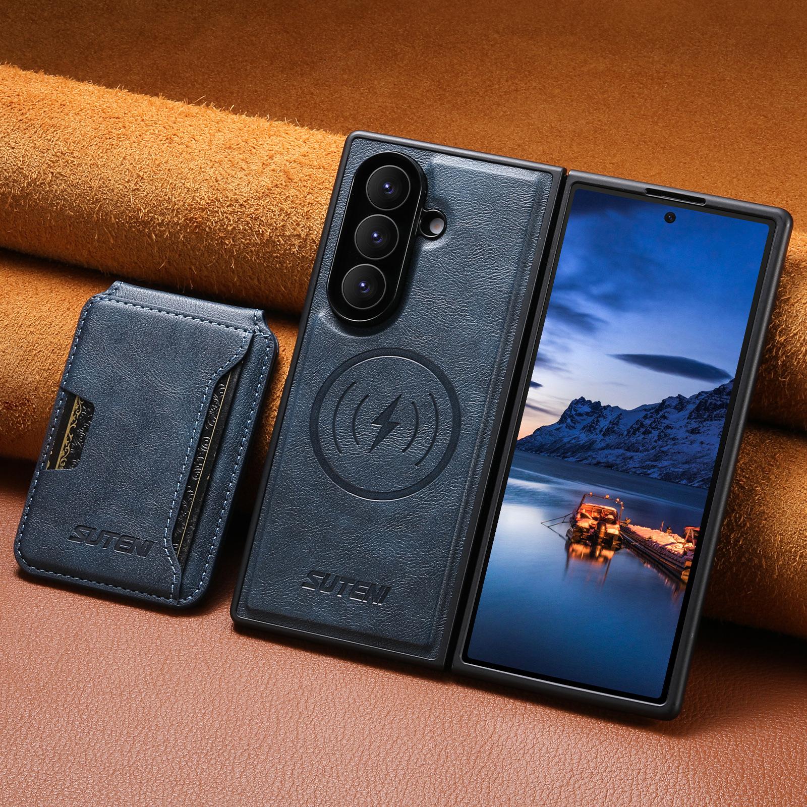 

Cowhide Phone Case for Samsung Galaxy Z Fold 7 Fold6 Magnetic Coil Wireless Charging Detachable Card Holder Wallet Leather Cover Galaxy Z Fold6 синий