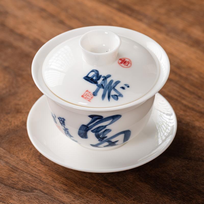 Hand-painted Suet Jade Porcelain Three Talents Cover Bowl Teacup Kung Fu Tea Set Tea Bowl Modern Creative Large-capacity Gifts