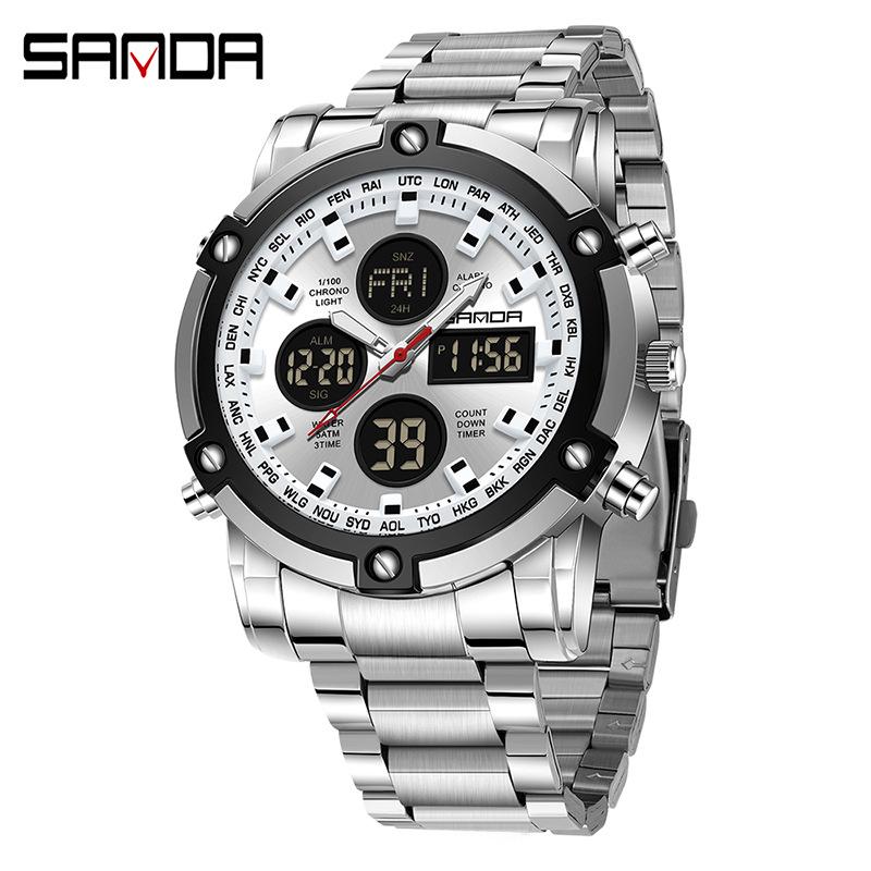 Sanda Tide Men's Dual Display Chronograph Watch: Cool Steel Band, Large Screen, Multifunctional, Waterproof, with Alarm Clock.