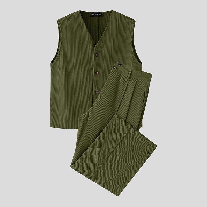 

INCERUN Men Autumn Sleeveless Corduroy Waistcoat and Long Suits Pants Outfits Sets 5XL армия зеленый