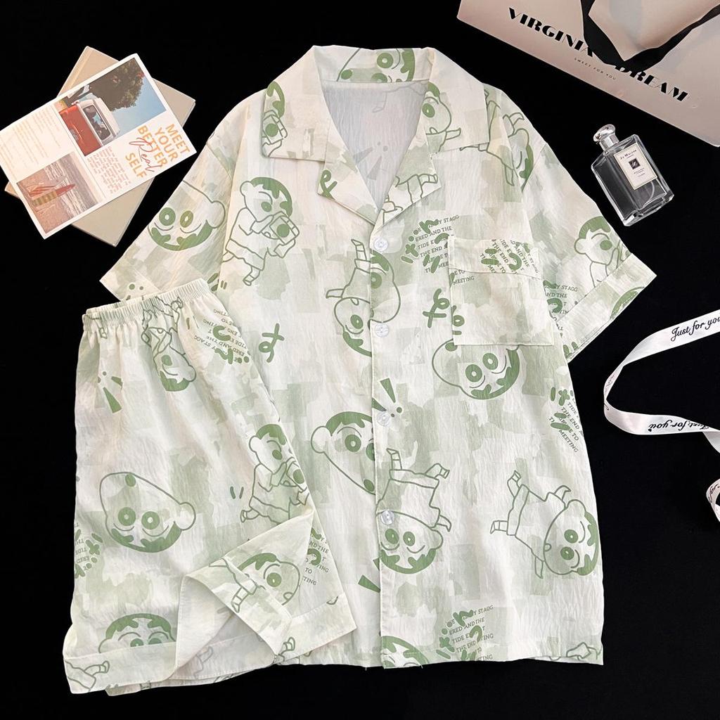 Korean Cloud Cotton Cartoon Couple Pajamas Set - Short Sleeve Cardigan & Shorts
