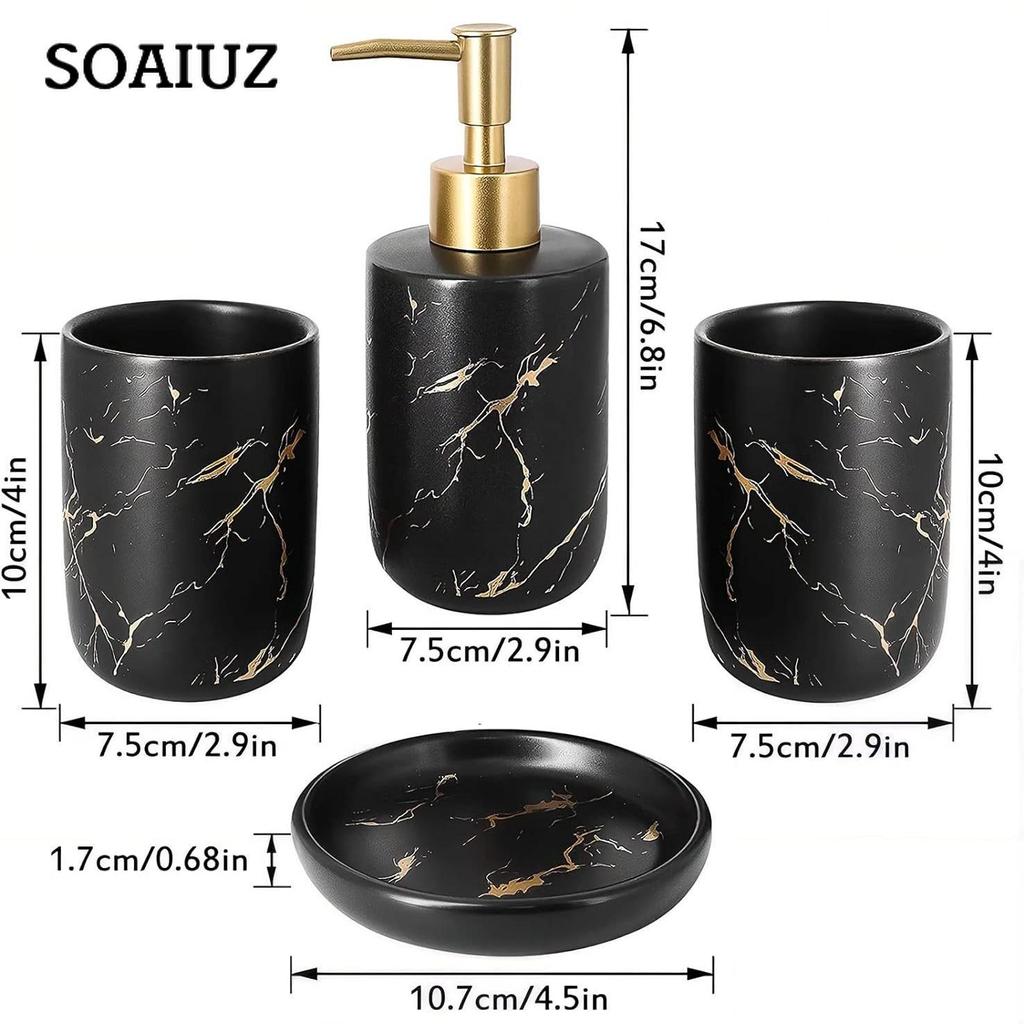 Sada koupelnových doplňků, 4dílná sada keramických koupelnových doplňků obsahuje 2 ks držáku na zubní kartáčky/kelímek, 300 ml tekutého mýdla nebo vody
