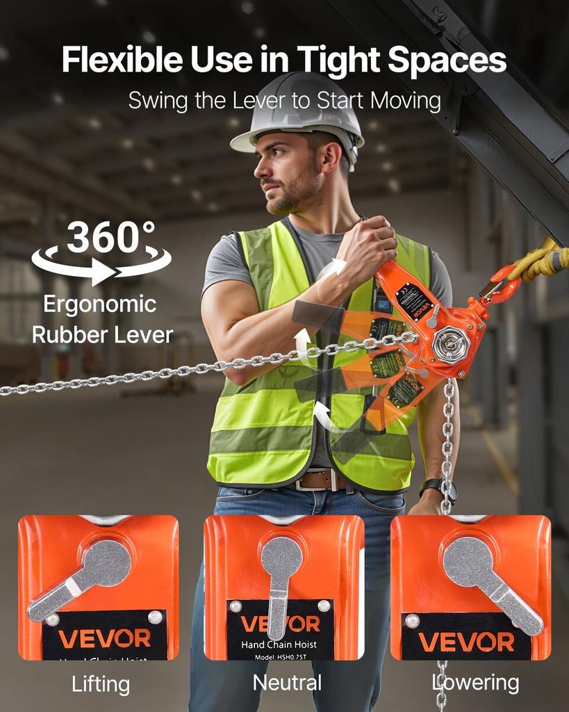Manual Lever Chain Hoist, 3/4T 750KG Capacity Heavy Duty Come Along, 6M Lift G80 Alloy Steel Chain With Dual Pawl Mechanical Brake, 360° Rotating