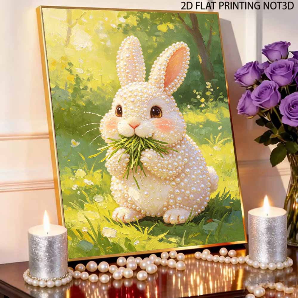Sparkling Pearl Painting on Stretched Frame Cute Bunny Eating Grass DIY Bead Art Canvas Relaxing Hobby Gift for Craft Lovers Great for Adults