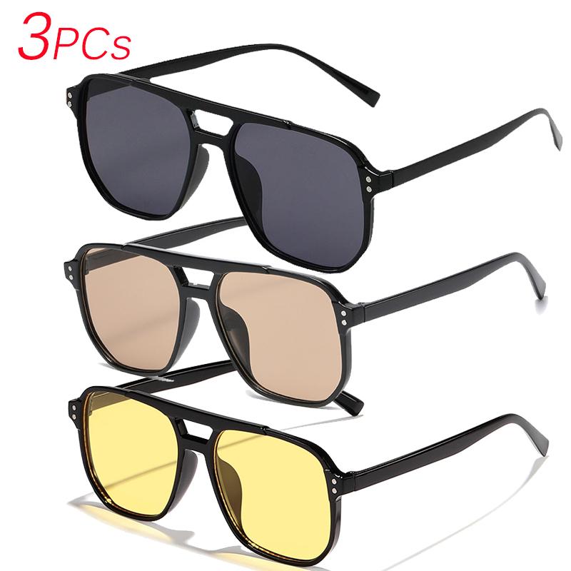 3PCs Big Square Frame Sunglasses for Men and Women Lightweight Frame Double Bridge Black Yellow Sun Glasses with UV Protection