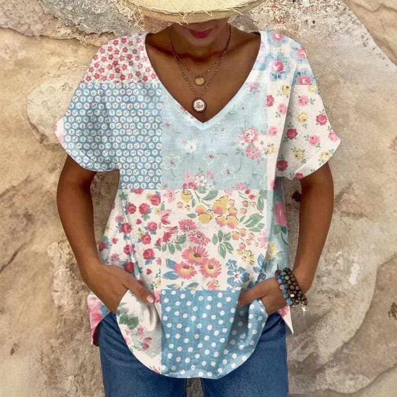 Camisetas Casuales de Manga Corta para Mujer con Estampado 3D y Cuello en V, Moda Retro