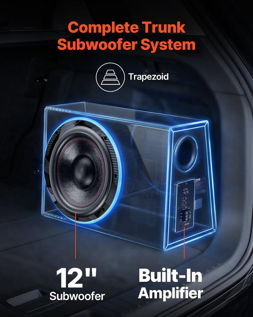 Subwoofer Basspaket, 305mm, 245W RMS, Komplettes Auto-Audio Subwoofer- und Verstärkerpaket, mit bestücktem Gehäuse, integriertem Verstärker und Verkabelungsset, Schlank