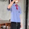 INCERUN Men Oversized Lapel Neck Summer Striped Buttons Up Casual Loose Shirts