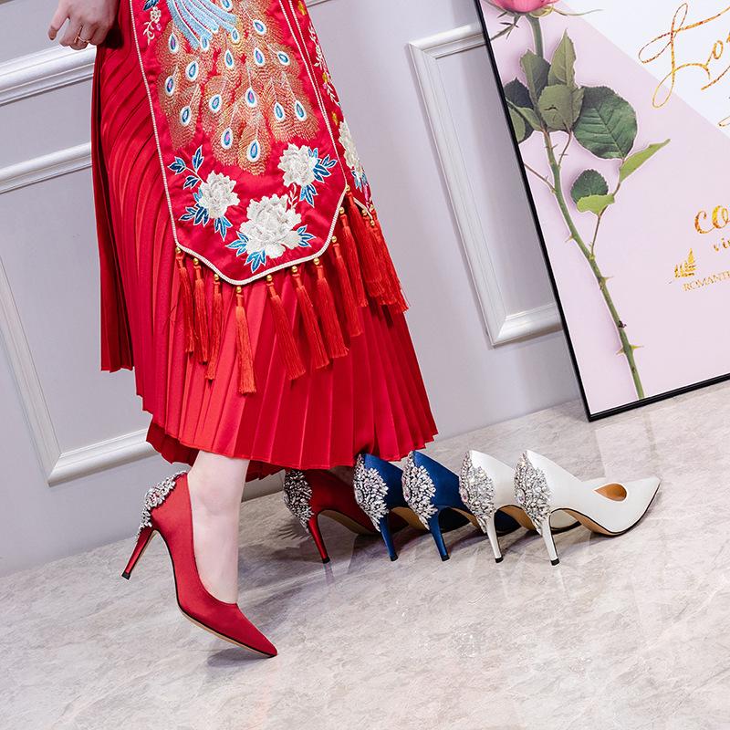 2025 New Pointed Thin Heels High Heels Satin Surface Large Rhinestone Buckle Women's Single Shoes Wedding Shoes Bridesmaid Rhinestone Fashion Shoes