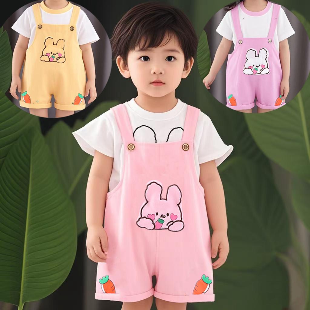 Girls' summer short sleeved set, new baby carrot rabbit overalls, girls' summer two-piece set