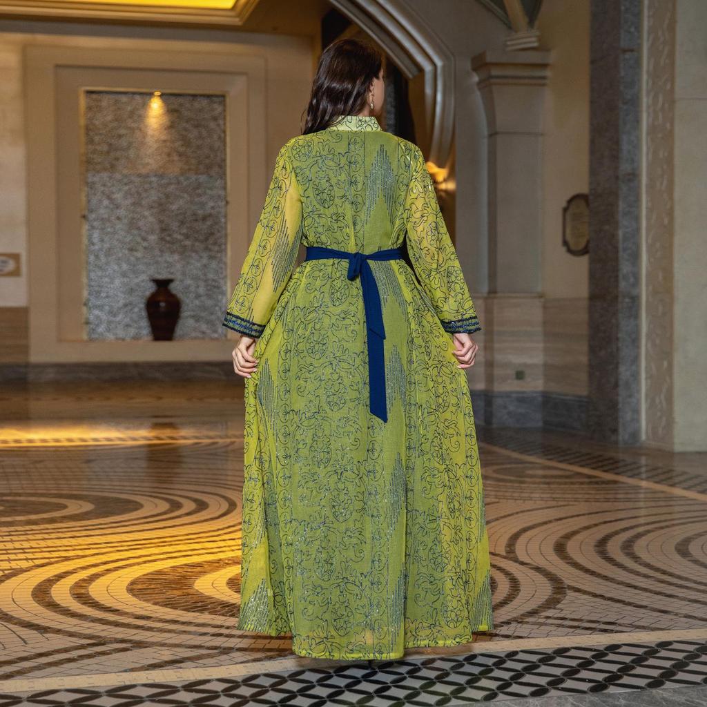 AB333 Elegant Middle Eastern Two-Piece Robe Set with Belt - Dubai Long Cardigan Dress