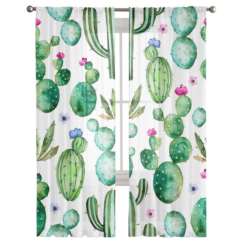 Cactus Watercolor Flowers Green Luxury Tulle Curtains Modern Living Room Kitchen Chiffon Curtain Bedroom Sheer Valance Curtain