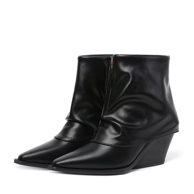 Damskie Buty 2026 Nowe Damskie Botki z Bocznym Zamkiem Modne Odwrócona Krawędź Biurowe i do Kariery Seksowne Szpiczaste Botki na Koturnie