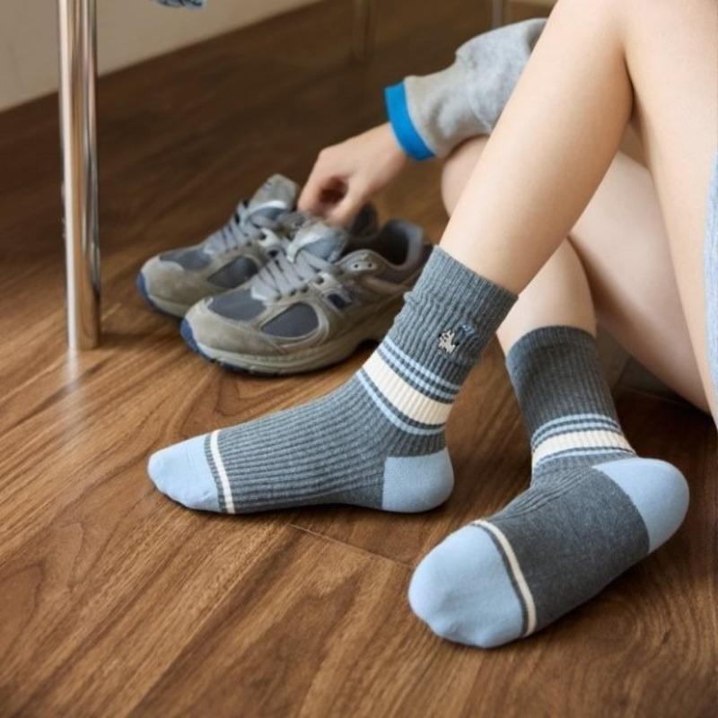 Grey Striped Socks, Women's Mid-calf Socks, Spring and Autumn Cotton Socks, Cute Cartoon Lace, Trendy Outerwear Long Socks