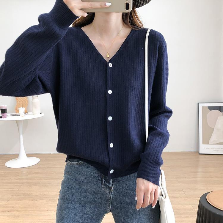 Korean Style V-Neck Ribbed Knit Cardigan for Women - Soft, Slimming, Versatile, Loose Fit, Long Sleeve, 2026 Spring Collection.