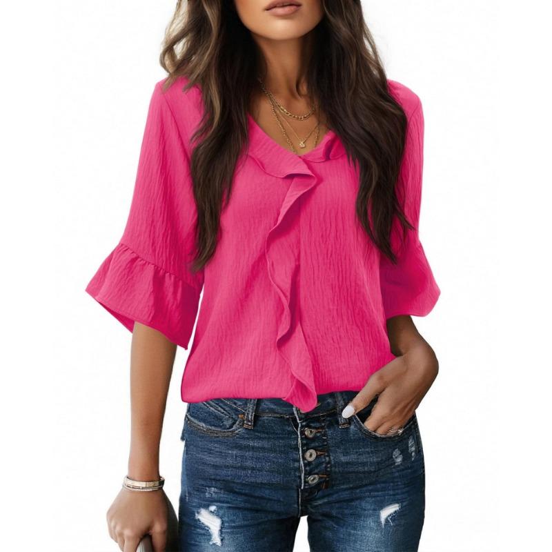 

2026 Fashionable Loose V-neck Short Sleeve Casual Women’s Tops M рожевий