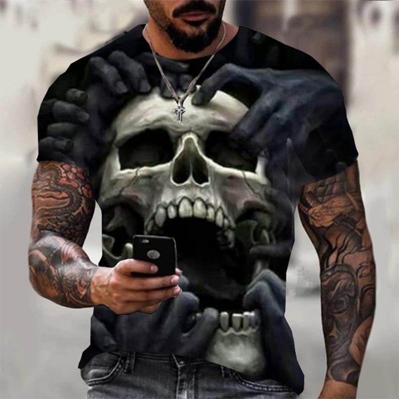 Men's Halloween Sports T-shirt 3D Neutral Skull Print Round Neck Short Sleeved Casual, Comfortable and Fashionable Top