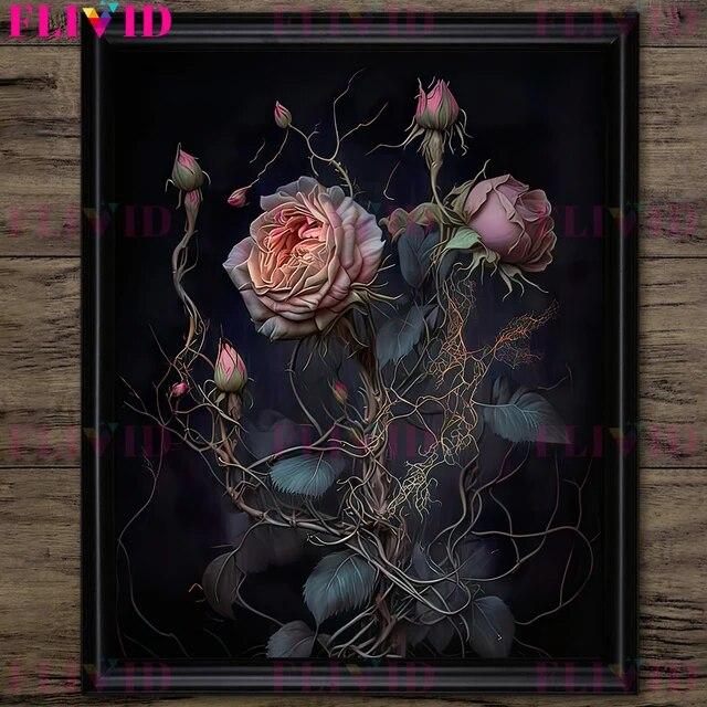 Dark Forest Mushroom And Vintage Pink Roses Vintage Wall Art Print Dark Botanical Witchcraft Gothic Art Poster Print Decoration No Frame