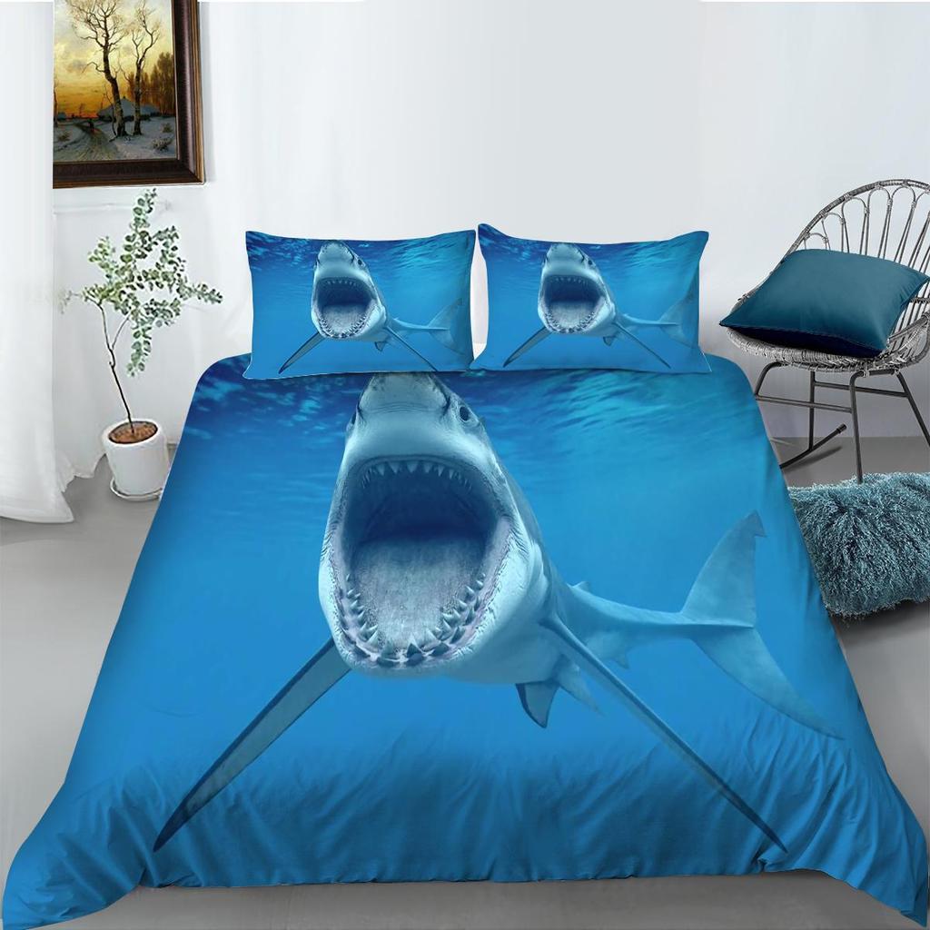 3D-Tierdruck-Bettbezug-Set, Fischmuster, Bettwäschebezug, Anzug, Polyester, für Jungen und Mädchen, Einzelbett, Doppelbett-Größe
