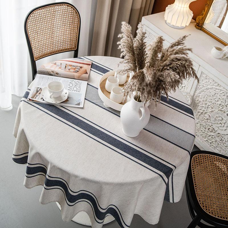 

European Five-Stripe Printed Tablecloth Cotton and Linen Round Dustproof Table Cover Anti-Wear Dining Decor for Four Seasons Diameter 150cm