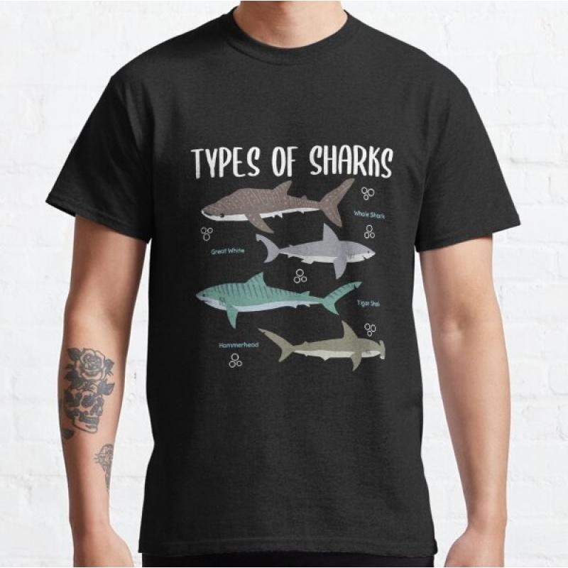 0530 Haiarten Geschenk für Hai-Liebhaber Kurzarm-T-Shirt Vintage Grafik-T-Shirt 100% Baumwolle bedruckte Kleidung Alle Größen Oberteile