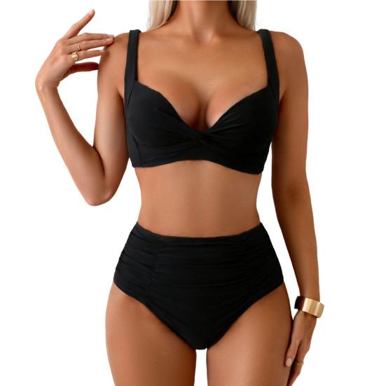 

2 шт./Набір Жіночий Бікіні Набір Вузликовий Дизайн Нагрудна Чашка Без Кісточок Бюстгальтер Висока Талія Плавки Набір Пляжний Басейн Відпустка Сексуальний Купальник S чорний
