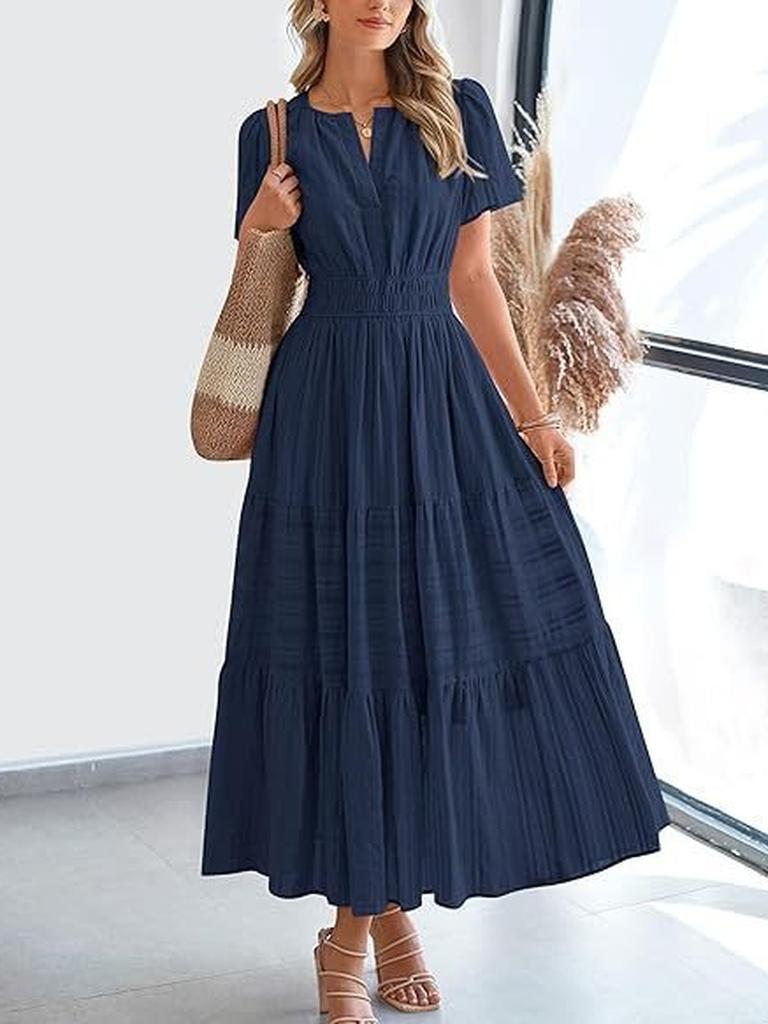 Spring/Summer Women's Fashion V-Neck Ruffled Bubble Sleeve Layered Maxi Dress for Women