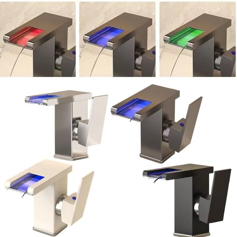 Led Bathroom Rgb Sink Mixer Tap Temperature Sense Waterfall Faucet Change Color