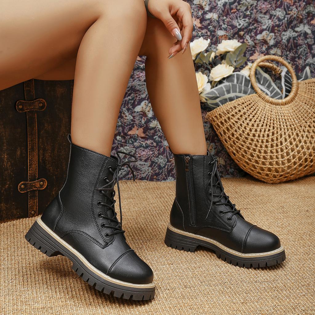 New Platform Mid-leg Boots Fall/Winter 2025 Casual British Style Side Zipper Martin Boots Women's Black