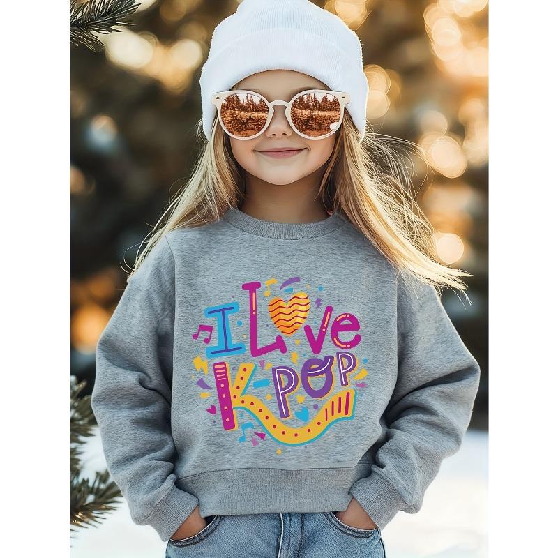 Kids Crewneck Long Sleeve Sweatshirt, Trendy Cute I Love K-POP Music Theme Cartoon Print