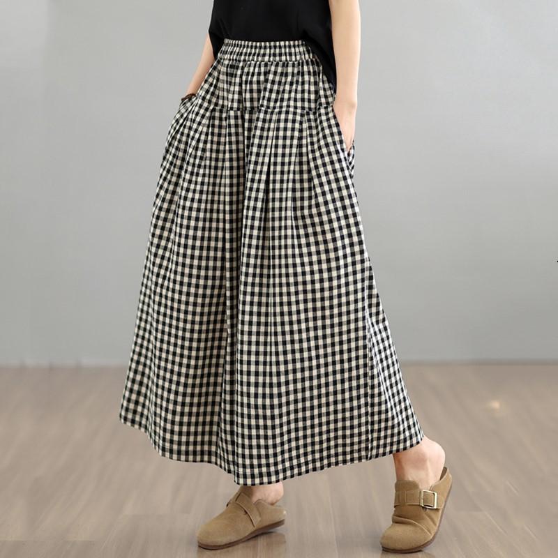 Plus size Vintage plaid high Waist Casual loose spring Summer wide leg Pants Women Trousers