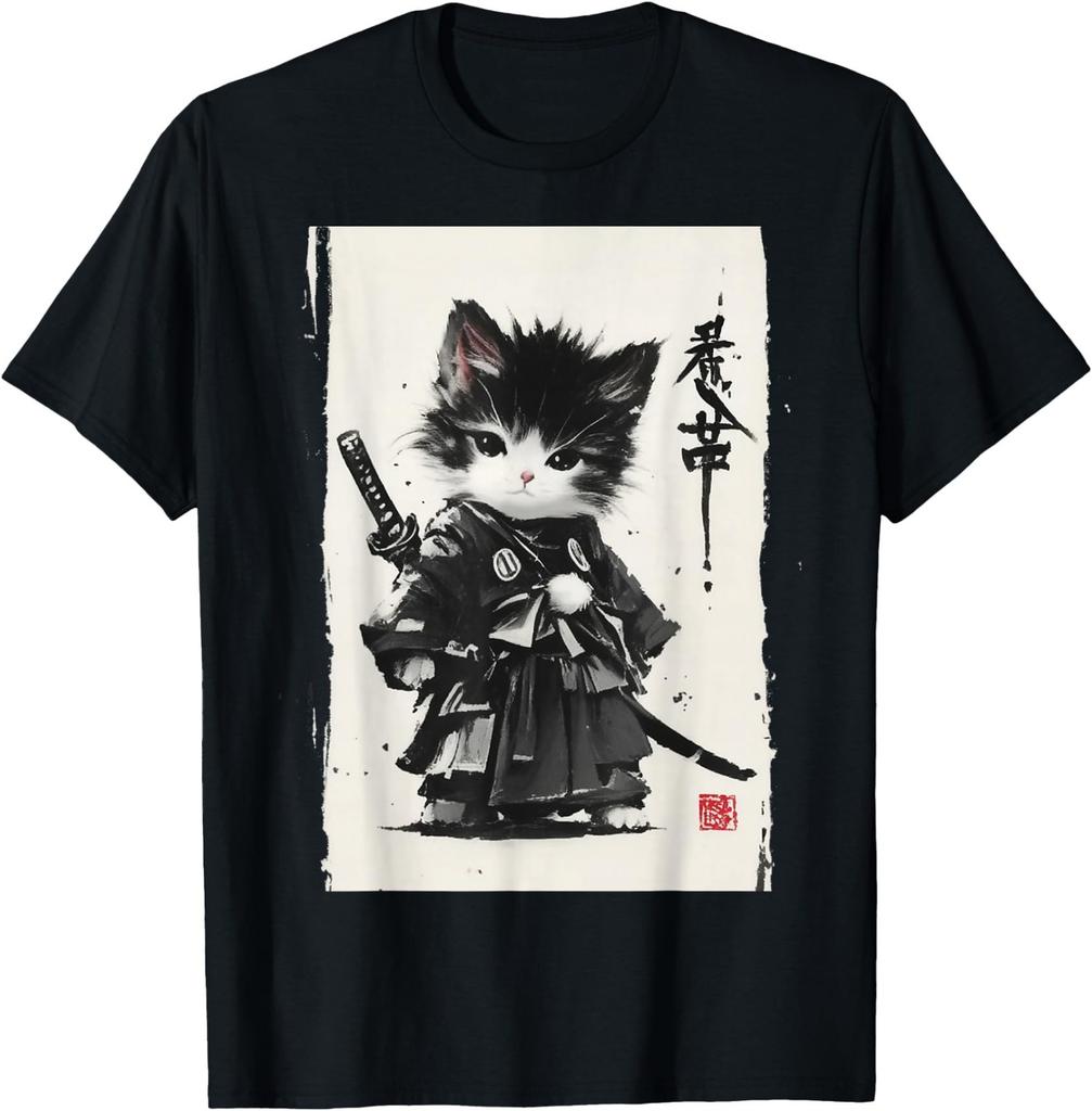 Samurai Cat Japanese Art Sumi-e Novelty Kawaii Funny Cat T-Shirt