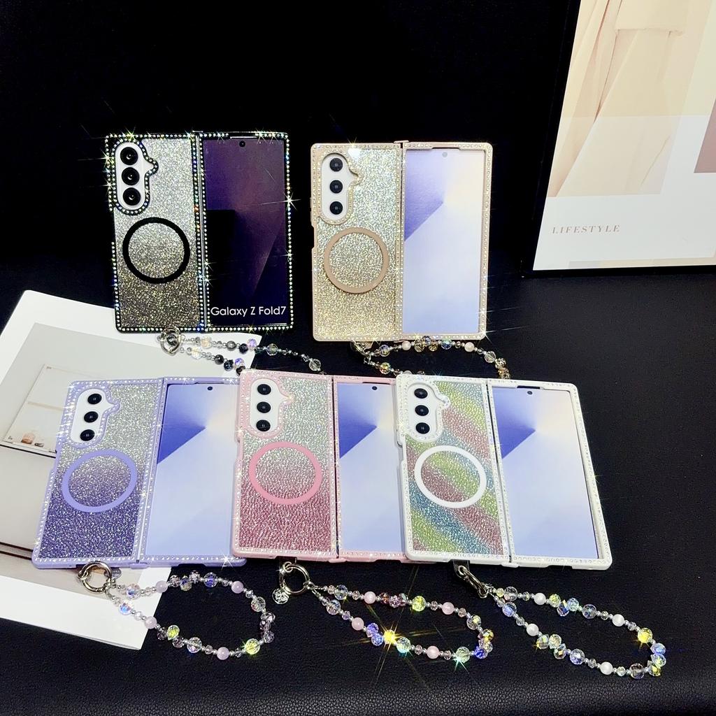 Fashion Glitter Inlaid Diamond Magnetic Phone Case For Samsung Galaxy Z Fold 7 6 5 4 3 Crystal lanyard Shockproof Slim Cover