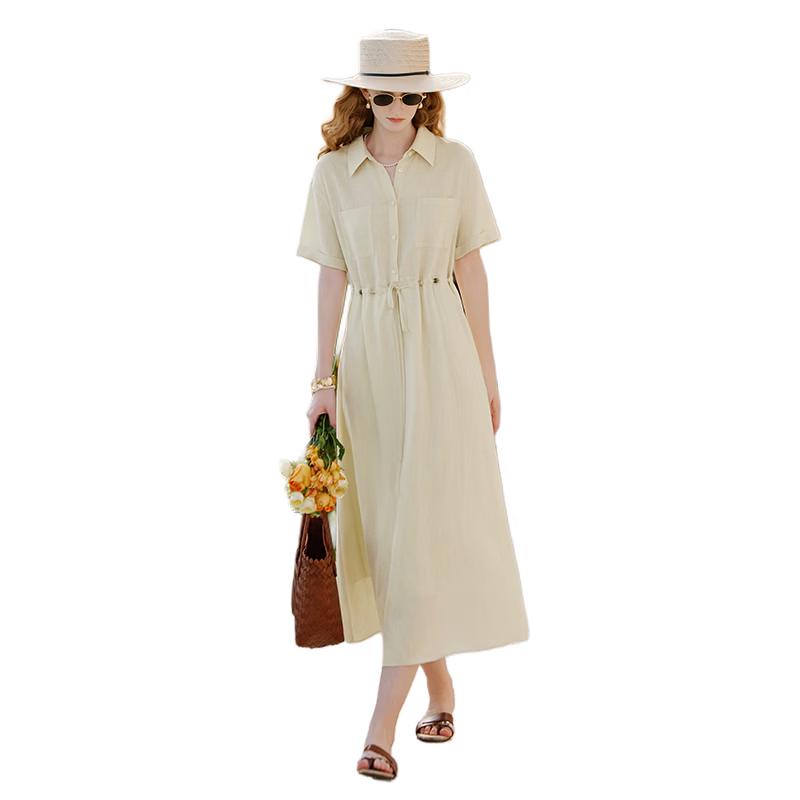 Women s French Retro Lyocell Ramie Blend Shirt Dress S