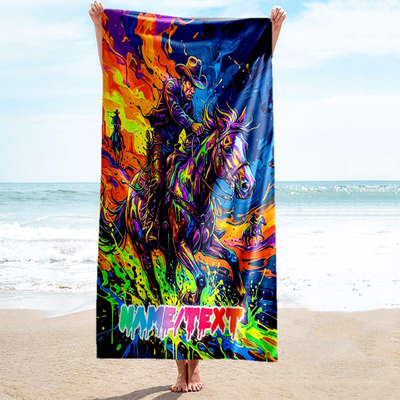 1PC Custom Name Cowboy Wild Horse Beach Towel Highly Absorbent And Sand-Resistant Towel for Swimming, Pool, Yoga, And Travel Lightweight