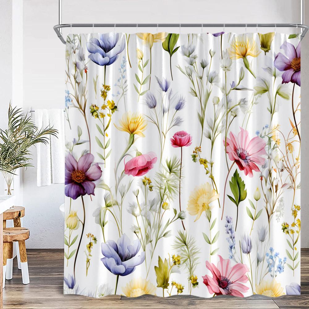 Floral Leaf Shower Curtain Green Leaves Colorful Flower Plant Nordic Bathroom Decor Modern Polyester Bath Curtain With Hook
