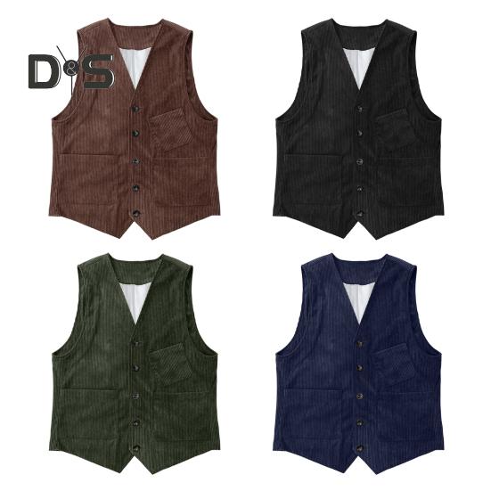 Men Corduroy Vest Coat V-neck Sleeveless Single Breasted Buttons Waistcoat with Pockets Solid Color Vest Jacket