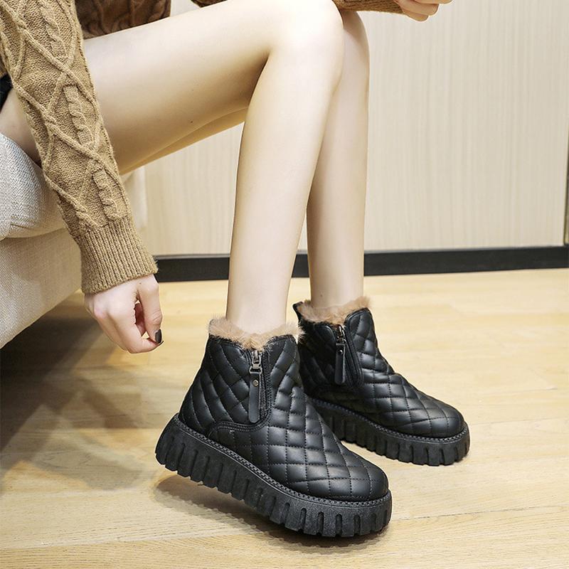 Women's Boots Winter Velvet Warm Shoes Casual Mid Top Girls Shoes Trendy Thick Bottom Comfortable Womens Snow Boots Solid