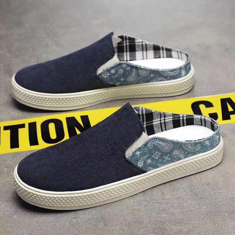 Mule Homme Été Nouvelles Chaussures Décontractées Demi-Mules Toile Respirante Semelle Souple Chaussure de Marche Légère Chaussures Vulcanisées