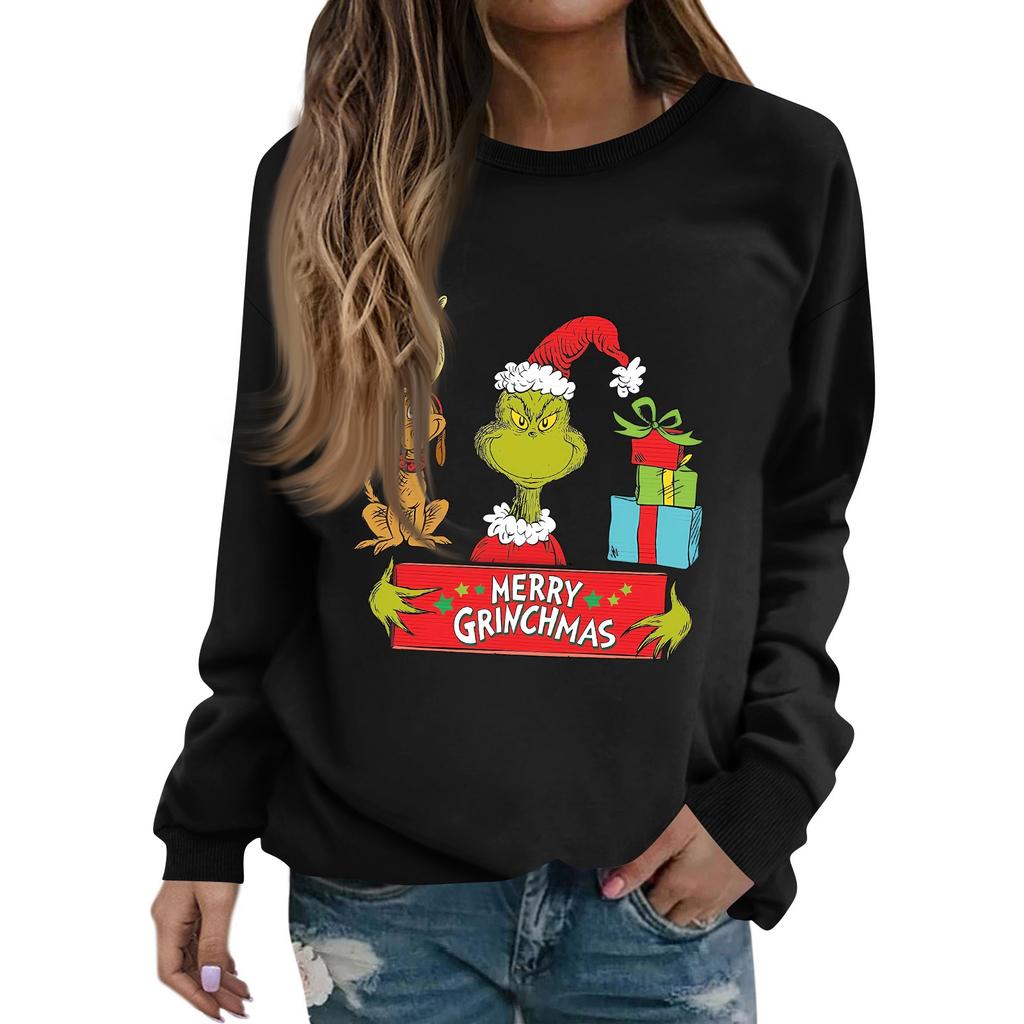 Women's Fashion Casual Long Sleeve Solid Color Christmas Printed Round Neck Top Sweatshirt