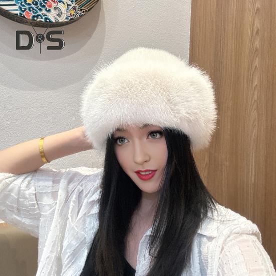 Women Winter Hat Thick Plush Faux Fur Heat Retention Windproof Mongolia Style Bucket Hat Solid Color Outdoor Cycling Skiing Panama Cap