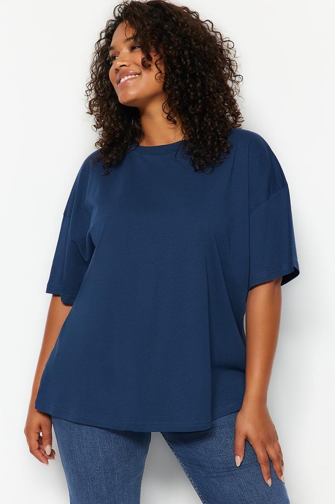 Tricou de bază tricotat de bază cu guler cu guler, stil de damă, albastru marin