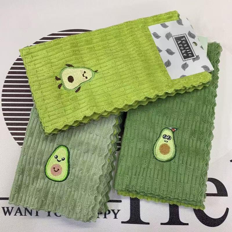 4-Pack Cartoon Avocado Pattern Thickened Polyester Rag Kitchen Dish Cloth Cleaning Cloth Embroidered Towel Absorbent Square Towe