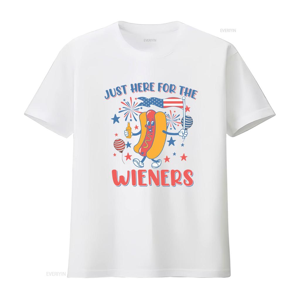 Retro Funny Th of July Just Here For The Wieners Hot Dog Patriotic Print Casual T Shirt Vintage Washed Soft Unisex Stylish