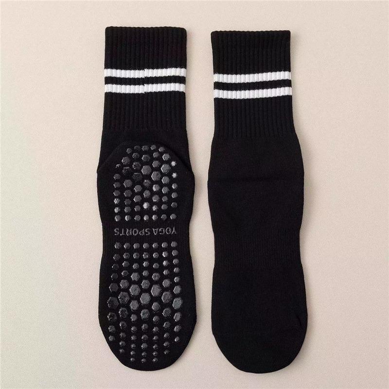 Chaussettes professionnelles antidérapantes à cinq doigts mi-mollet pour Pilates et Yoga avec deux rayures, Idéales pour le sport et les sols