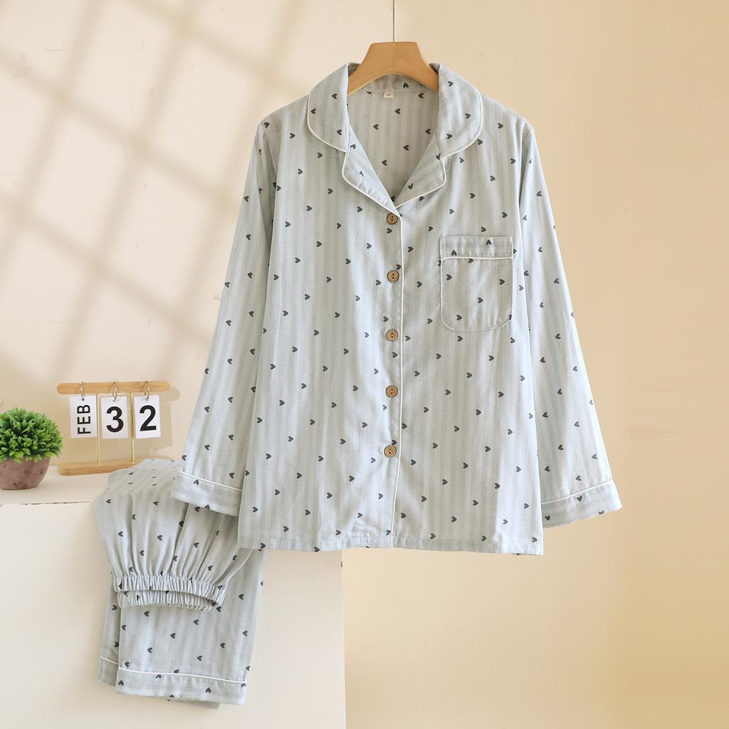 2026 Spring and Autumn Women's Pajama Set 100% Cotton Gauze Vertical Strip Love Long Sleeve Two piece Home Clothing Set