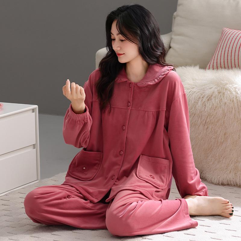 Island Fleece Pajamas Women'S Autumn And Winter Coral Fleece Red Natal Year Middle-Aged Mother Large Size Warm Thin Fleece Loungewear