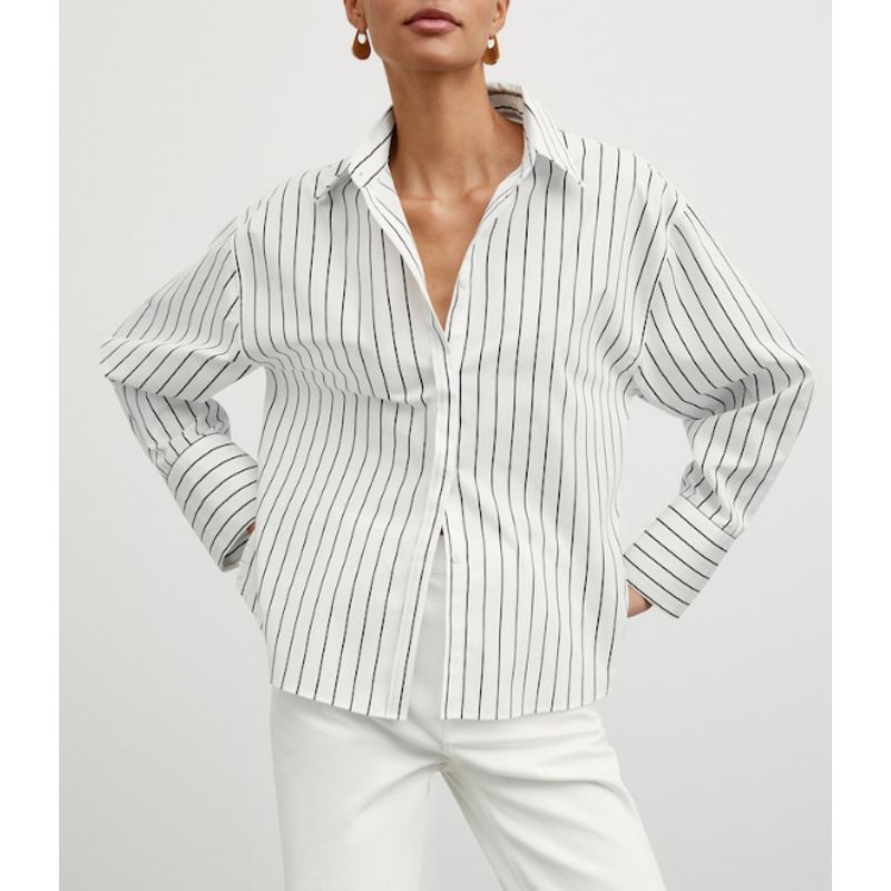 MD New Autumn New Tops Stylish Lapel Long Sleeves Single-Breasted Loose Stripes Shirt 5117846