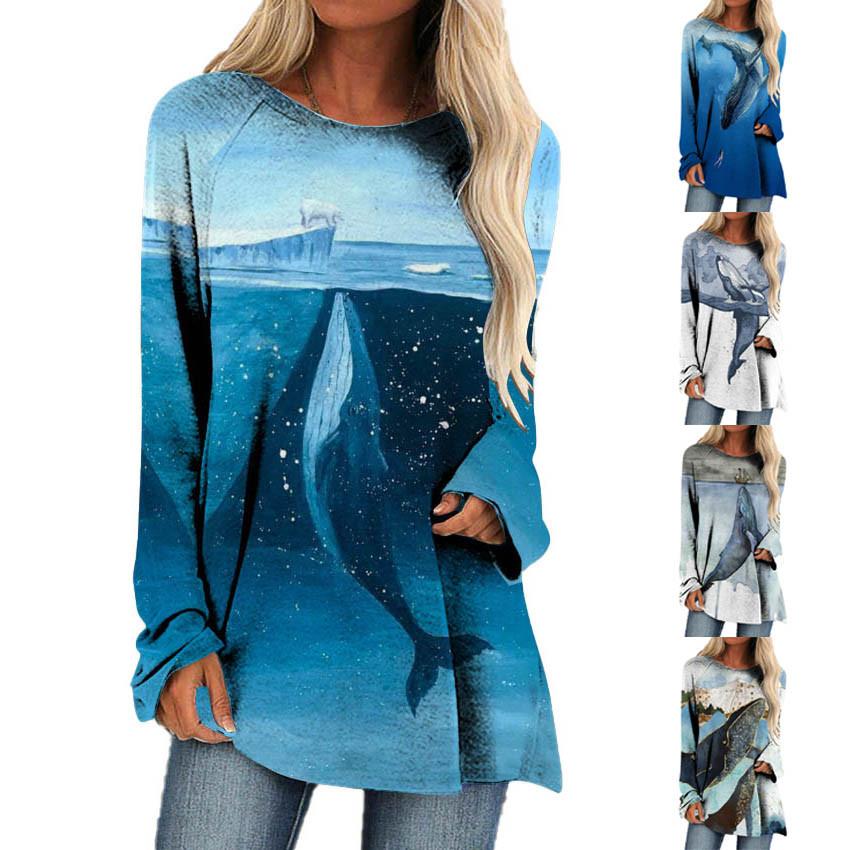 

Модные женские повседневные свободные футболки с круглым вырезом и длинными рукавами с принтом, топы