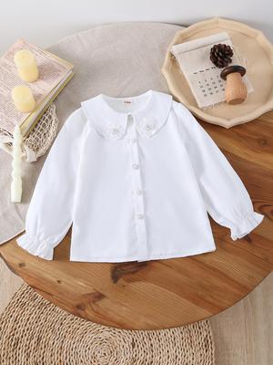 Girls' White Blouse, Peter Pan Collar with Lace Flower, Long Sleeve Button Down Shirt, Kids Casual Spring Autumn Top